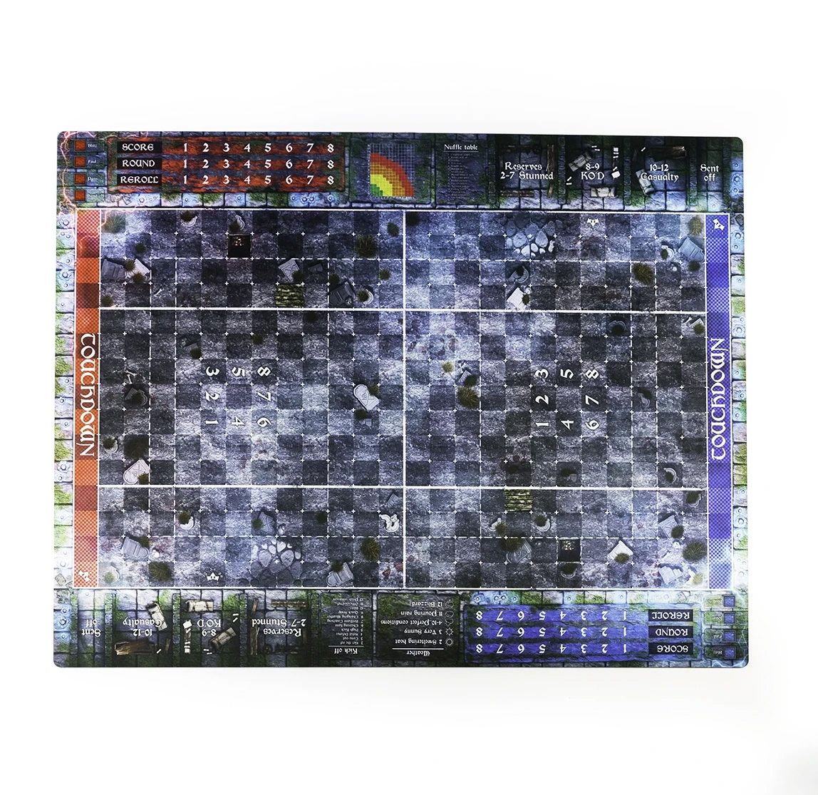 Blood Bowl 7 saison – Graveyard pitch Mat 35.5″ x 27.5″ / 90cm x 70cm – rubber pitch with dugouts and tables compatible