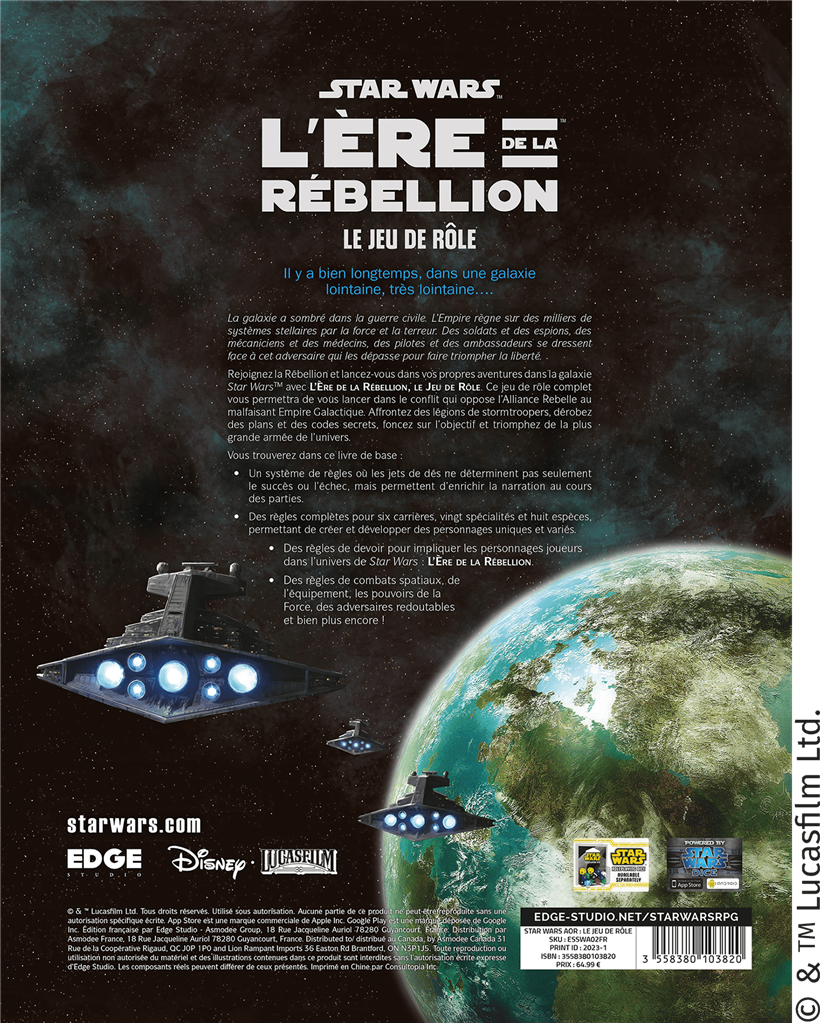 Star Wars : L'Ére de la Rébellion Le Jeu de Rôle(LIVRAISON GRATUITE)