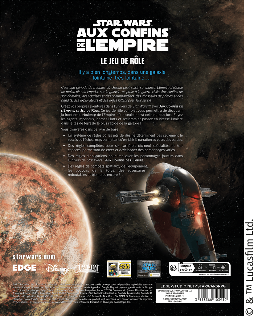 Star Wars Aux Confins de l'Empire Le Jeu de Rôle (LIVRAISON GRATUITE)