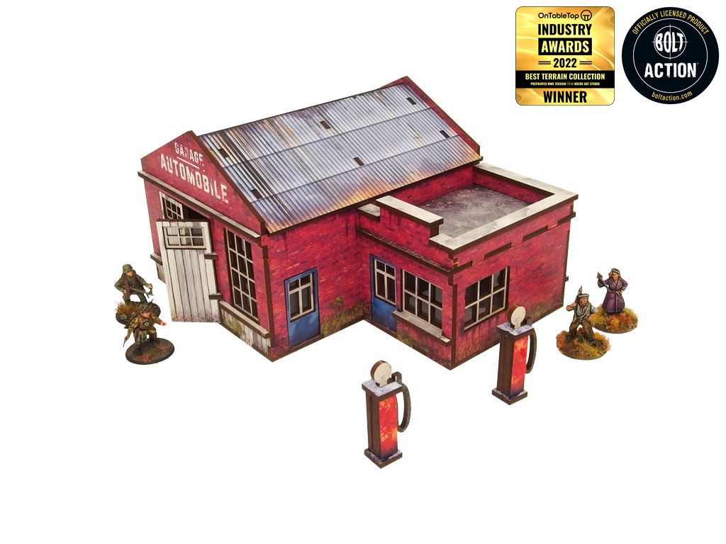 WW2 Normandy Garage w. Petrol Station PREPAINTED [28mm/1:56](RUPTURE DE STOCK FOURNISSEUR)